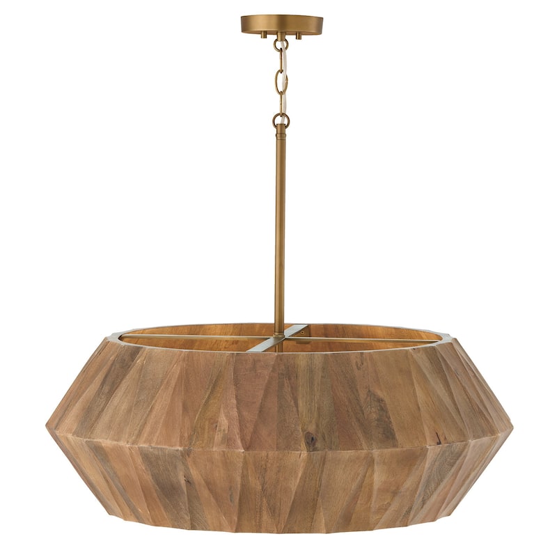 29" W x 11" H 6-Light Pendant in Hand-distressed Patinaed Brass and Handcrafted Mango Wood - 29"W x 11"H