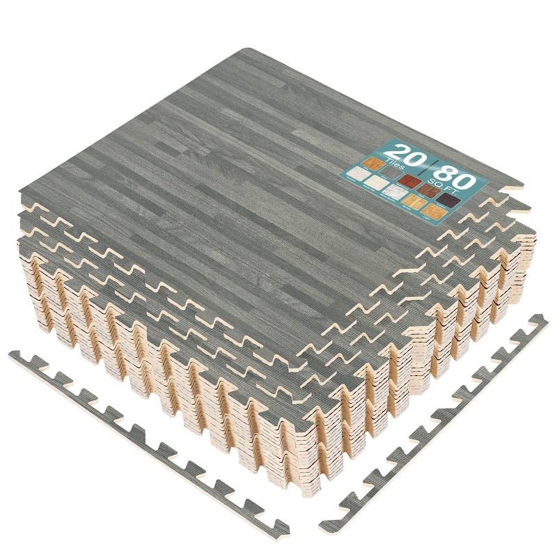 Sorbus 80 Sq. Ft. Wood Grain Floor Tiles Foam Mat EVA Interlocking Mats Tile 3/8-Inch Thick Flooring Wood Puzzle Exercise Mats - Grey