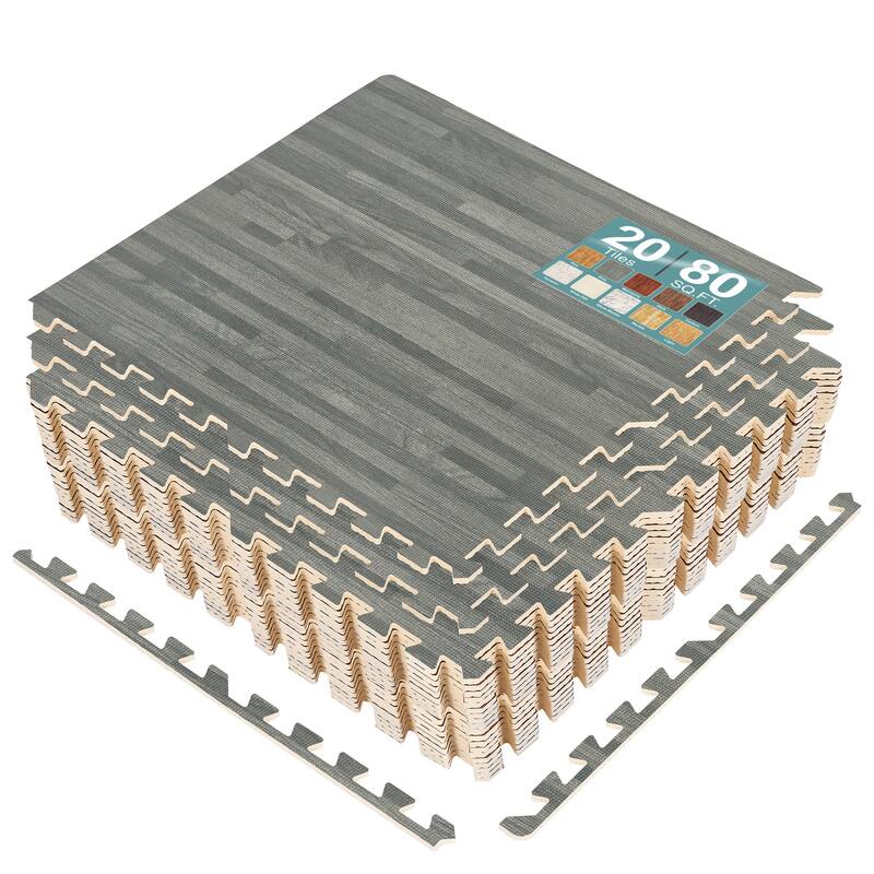 Sorbus 80 Sq. Ft. Wood Grain Floor Tiles Foam Mat EVA Interlocking Mats Tile 3/8-Inch Thick Flooring Wood Puzzle Exercise Mats - Grey