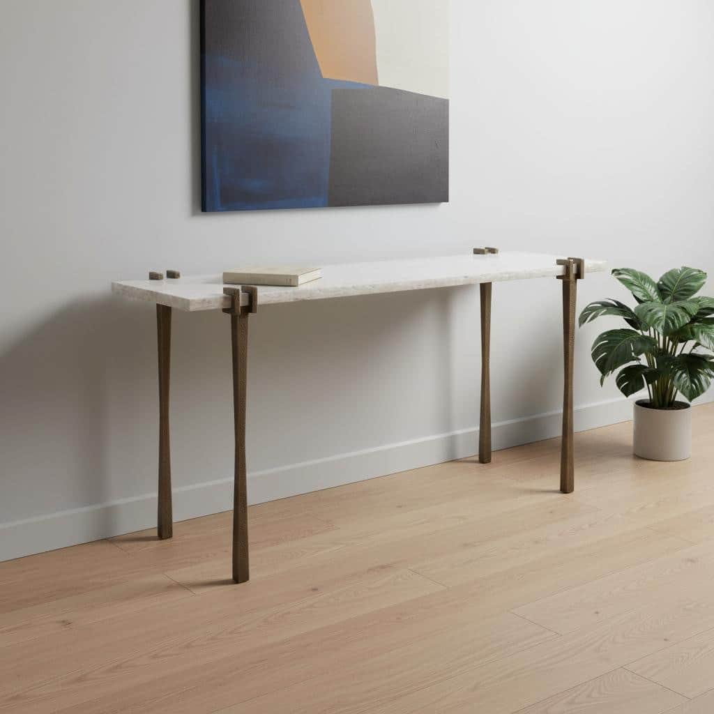 HomeRoots 55" White and Bronze Genuine Marble and Iron Console Table - 55.00 in. x 29.90 in. x 18.00 in.