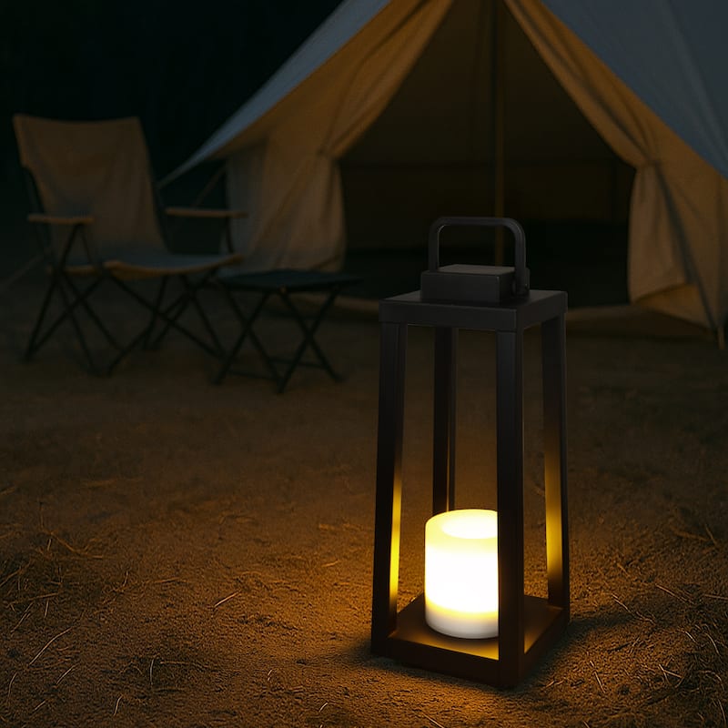 1 Light H16" Modern Matte Black Solar Lantern with Candle Shape Outdoor Light Decorative Portable Hanging LED Lights - W6''