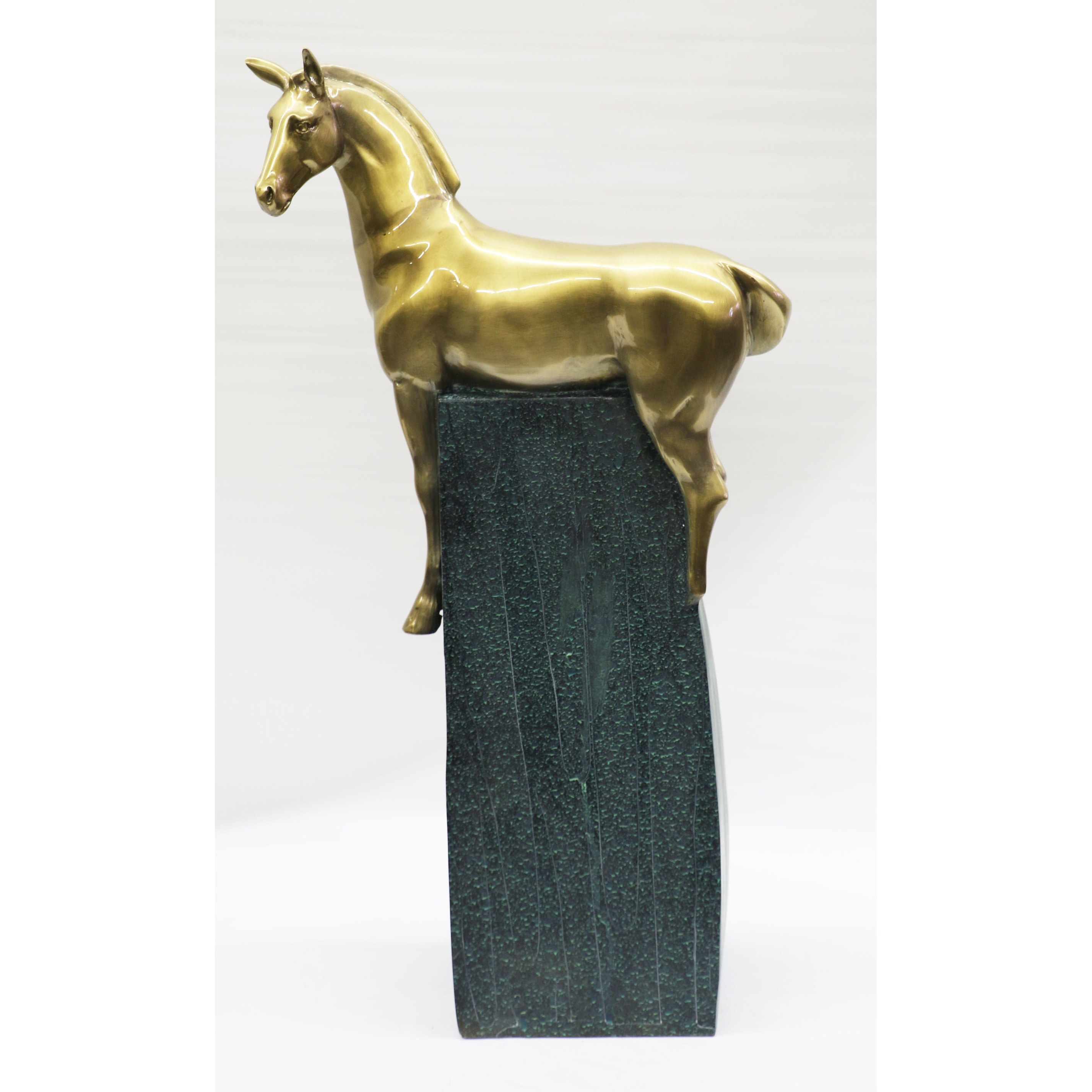 Large Extra Large Green And Gold Patina Stallion Horse Bronze Sculpture Figurine