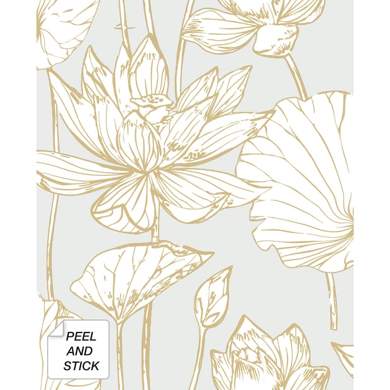 NextWall Lotus Floral Peel and Stick Wallpaper - 20.5 in. W x 18 ft. L - Metallic Gold & Grey