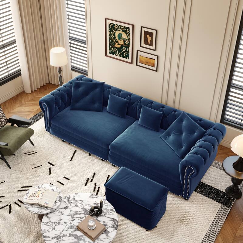 89" Chesterfield Pull Out Sofa Bed - Velvet 3-in-1 Convertible Sleeper with Chaise & Ottoman, King Size Sleeper Sofa