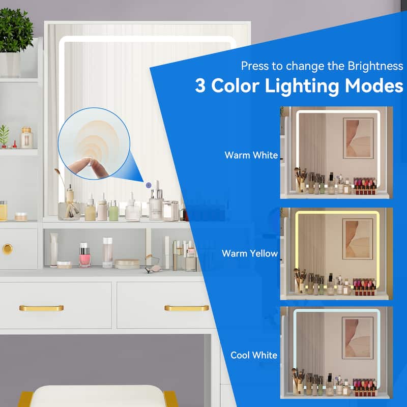 Moasis Vanity Table Set LED Mirror Makeup Desk with Wider Storage Dresser Bedroom - 37.4''L x 15.3''W x 53.9''H
