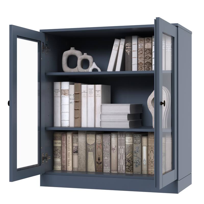 Palace Imports 100% Solid Wood 3-Shelf Bookcase, Clear Glass Doors, Adjustable Shelves, 32" Wide, 35.75" Tall