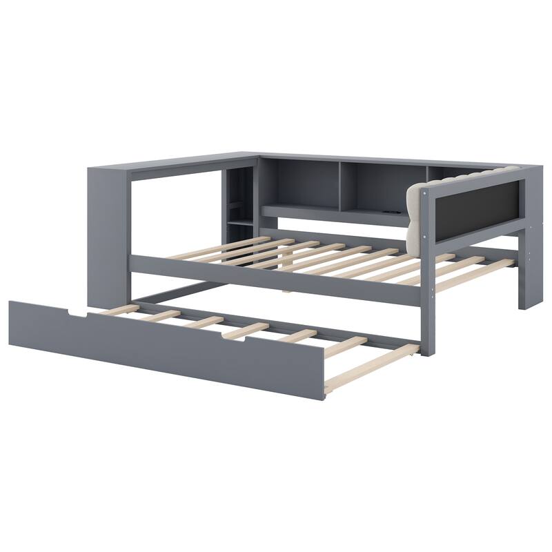 Upholstered Sofa Bed, Wood Daybed, L-shaped Bed Frame with Desk, Shelves, Charging Station, and Optional with Trundle or Drawers