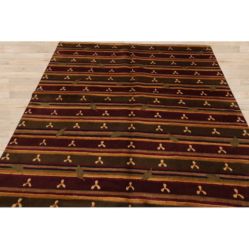 Hand Knotted Tibetan Green, Rust Striped Wool Transitional Area Rug - 6' x 9' 1''