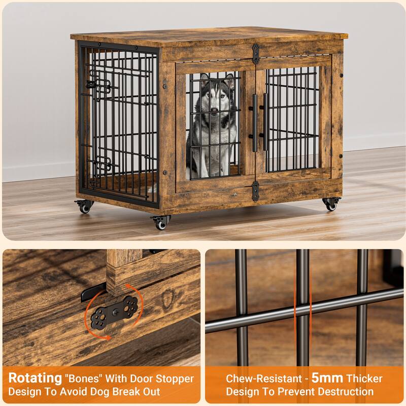Dog Crate Indoor Heavy Duty Double Doors Wooden Dog Cage with Cushion