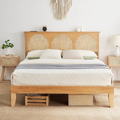 Natural Bed Frame with LED Lights Headboard