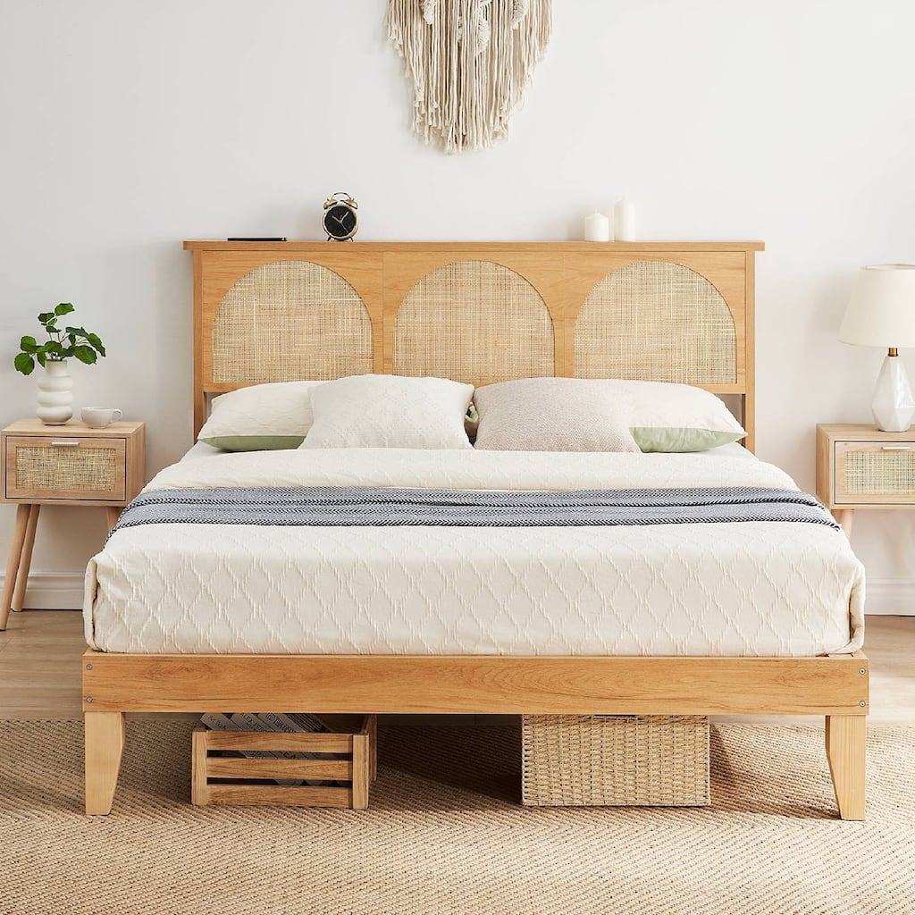 Natural Bed Frame with LED Lights Headboard