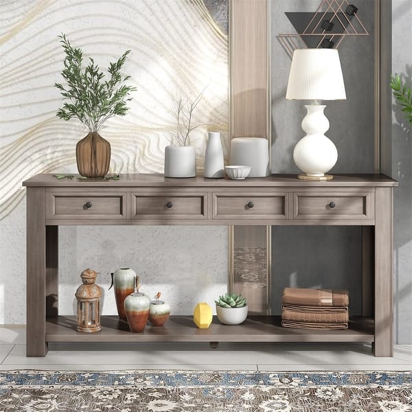 slide 2 of 49, Merax Rustic Console Table with Storage Drawers and Bottom Shelf
