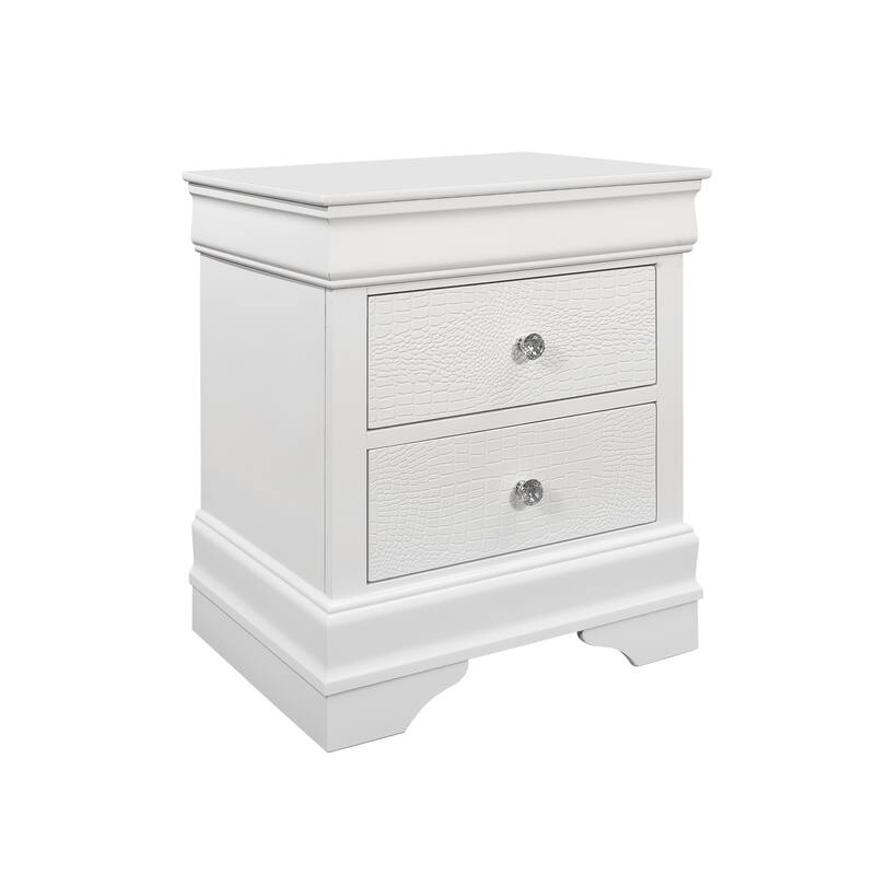 Contemporary Crocodile Texture Nightstand with Crystal Knobs - Metallic White