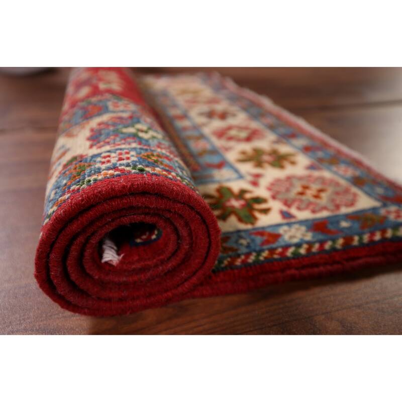 Geometric Kazak Foyer Rug Hand-Knotted Red Wool Carpet - 2'8" x 3'11"