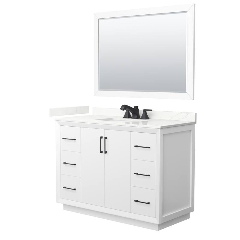 Strada 48-inch Single Vanity, Quartz Top, 46-inch Mirror - White, Black Trim, Giotto Quartz Top
