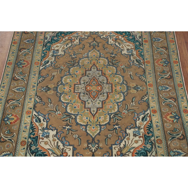 Traditional Brown Tabriz Persian Vintage Rug Handmade Wool Carpet - 4'7" x 6'5"