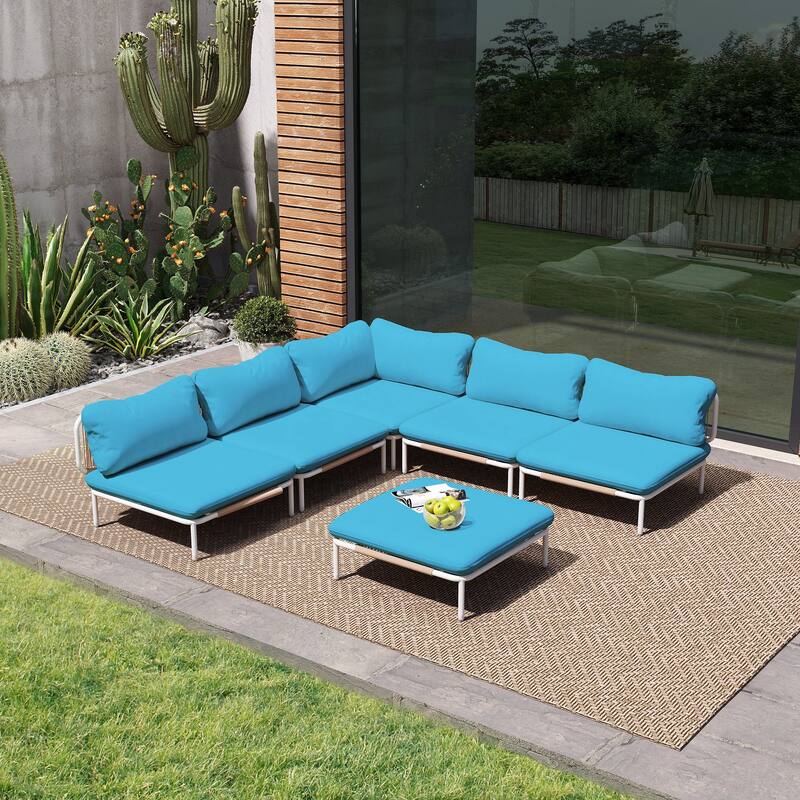 Outdoor Patio Sectional Sofa Conversation Set Cushioned Free Combination Customizable Set - 6-Seater with 6 arms - Blue