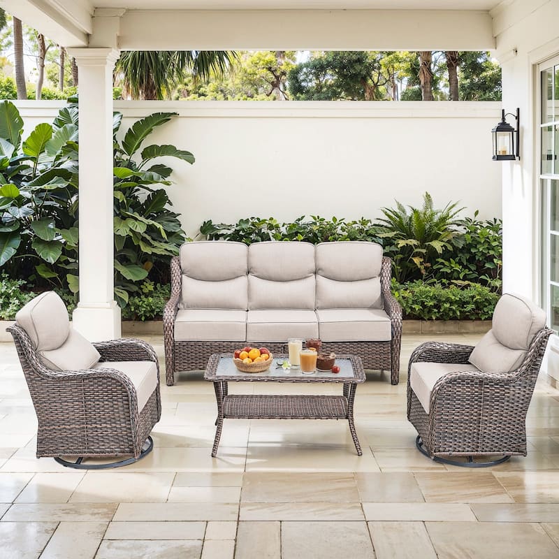 Gymojoy 4-Piece Patio Furniture Set with Swivel Glider Chairs, 6-Inch Ultra-Plush Cushions & Water-Resistant Olefin Fabric - Brown Wicker / Beige Cusion - 4-Piece