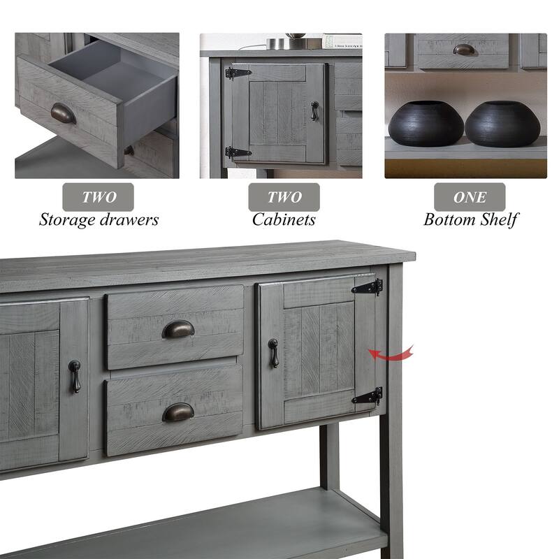 48" Solid Wood Console Table with 2 Drawers & Cabinets, Retro Style Storage Buffet for Kitchen & Dining