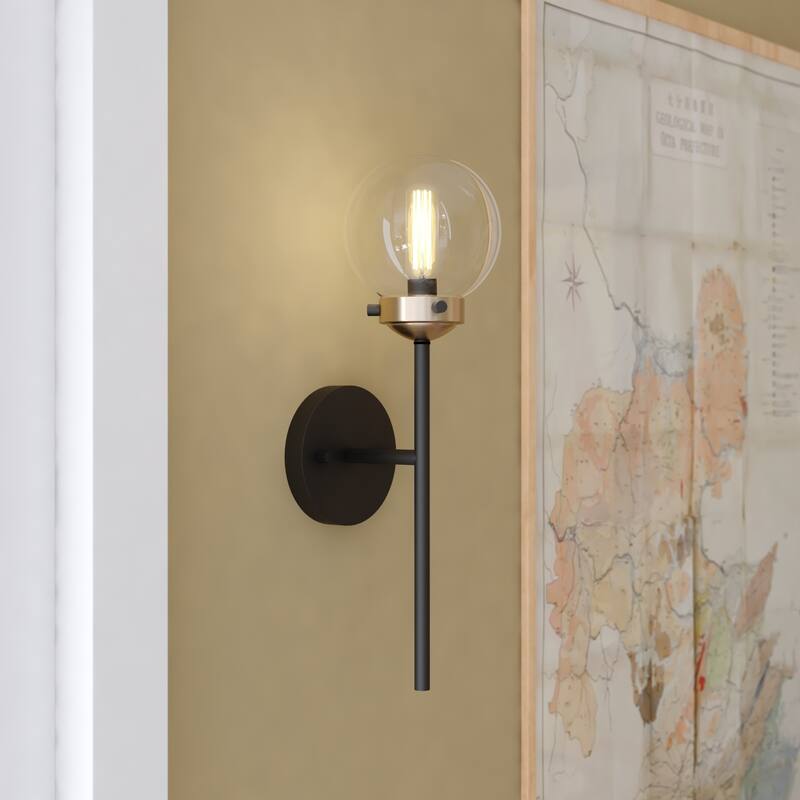 1 Light Industrial Mid Century Modern Wall Sconce in Brass and Oil Rubbed Bronze with Clear Glass Globe - 16