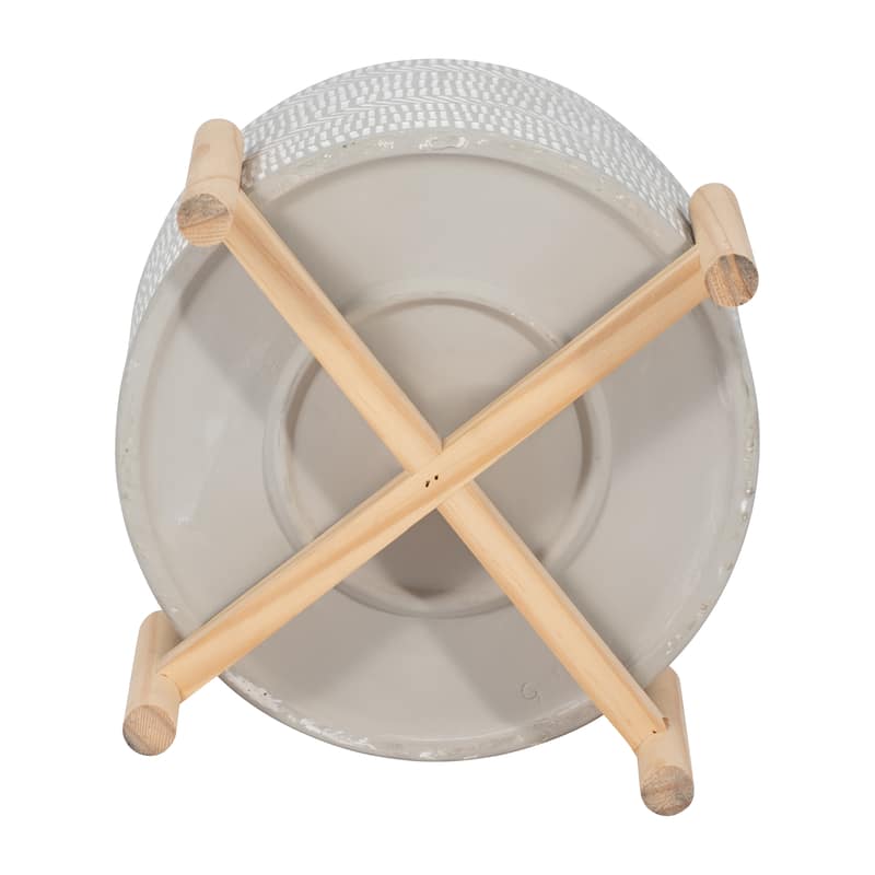 Sagebrook Home Neutral Ceramic Ivory Line Design Planter on Wooden Stand