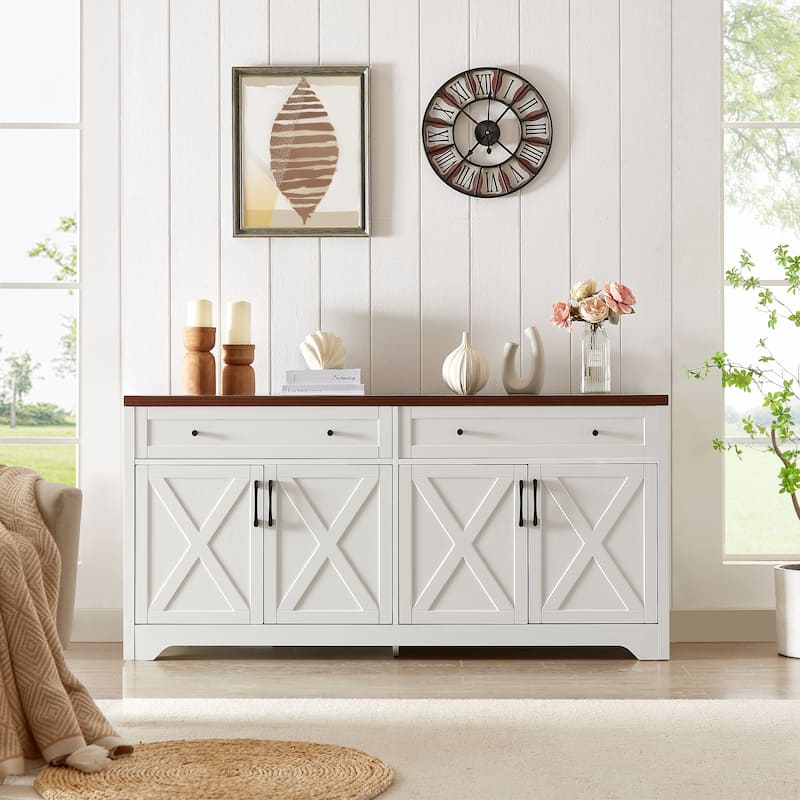 61 inch TV stand for living room, multifunctional combination TV stand, large capacity storage cabinet - White+Walnut