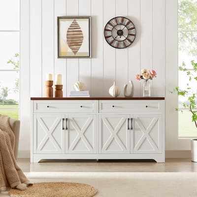 Sideboard Buffet Cabinets with 4 Door, Kitchen Storage Cabinets, Wood Coffee Bar Tables w/ Shelf, Accent Console for Living Room