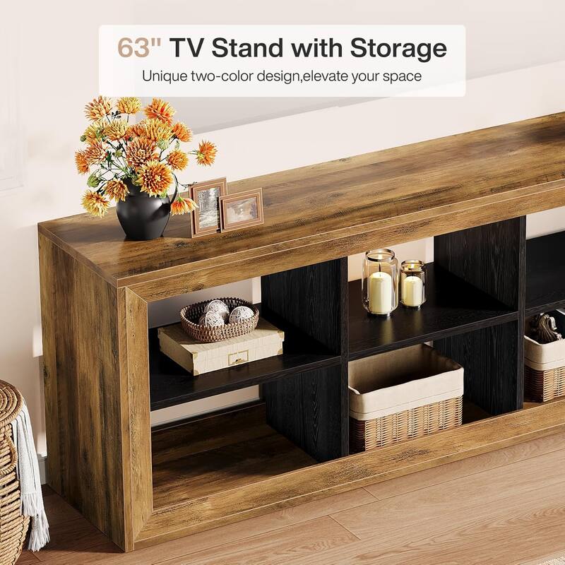6 Cube Storage Bookshelf, 63" Long Horizontal Bookcase, Floor Standing Wooden Cubby Shelf - 63" L x 15.75" W x 25.59" H