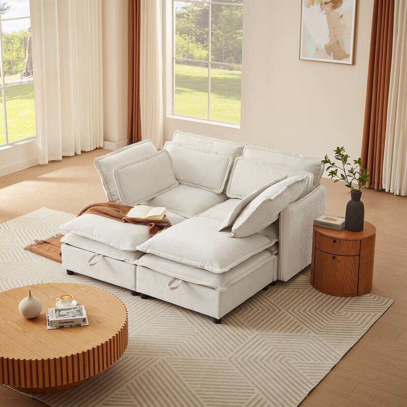 Double-Layer Cushion Modular 4-Seater Sofa with Storage, Beige Polyester - Multi-Color