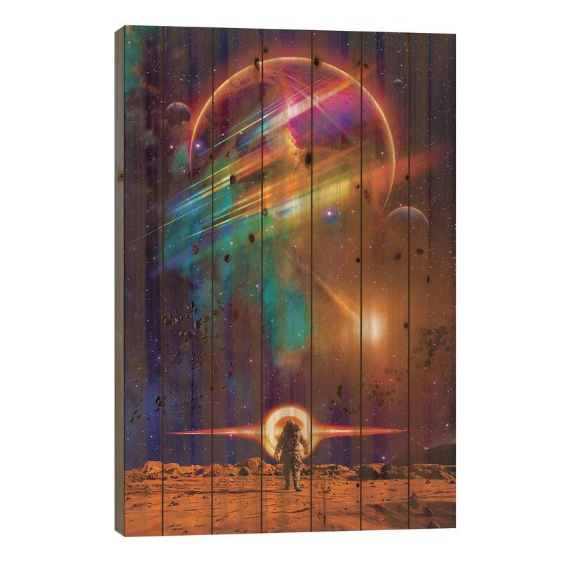 Astronaut Walking On The Planet Mars And Black Hole Print On Wood by GEN Z - Multi-Color - 40x26x1.5