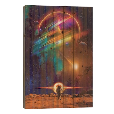 Astronaut Walking On The Planet Mars And Black Hole Print On Wood by GEN Z - Multi-Color