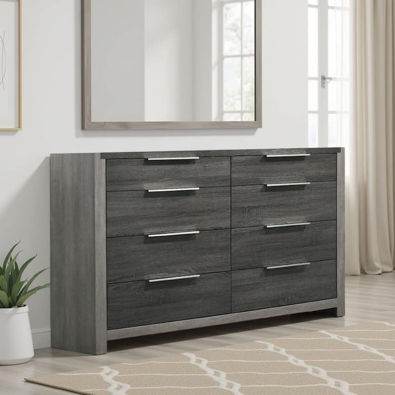 Joho Wide Dresser, 8 Storage Drawers with Metal Handles, Gray Wood