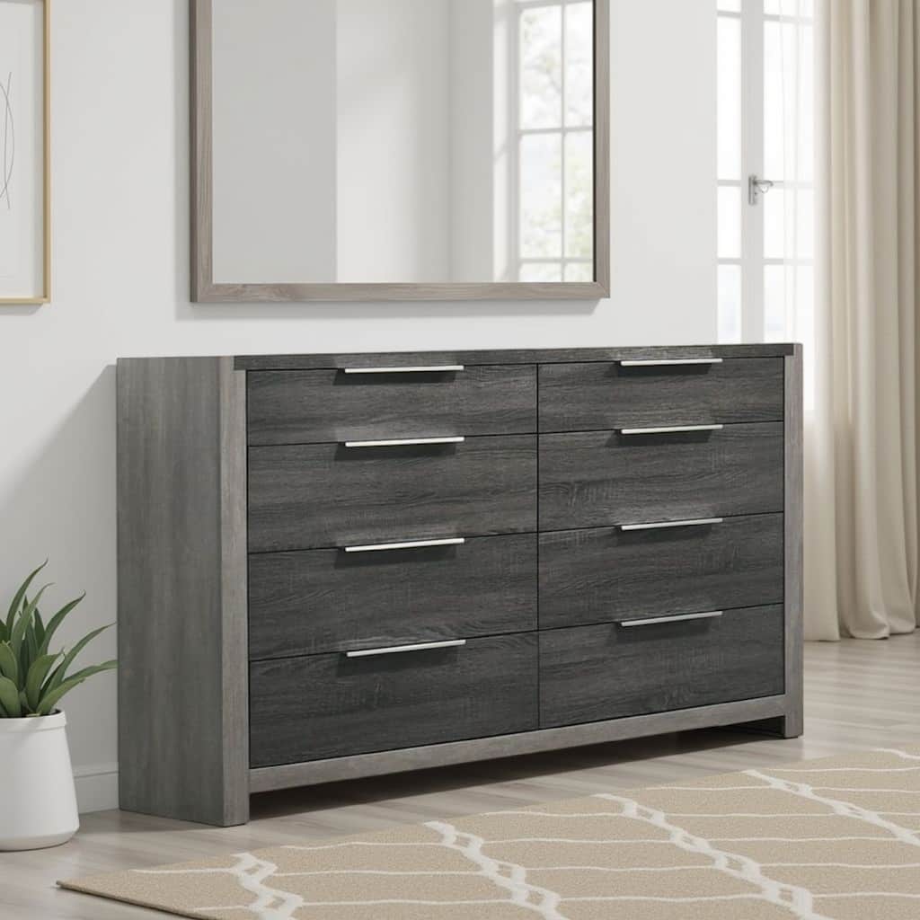 Joho Wide Dresser, 8 Storage Drawers with Metal Handles, Gray Wood