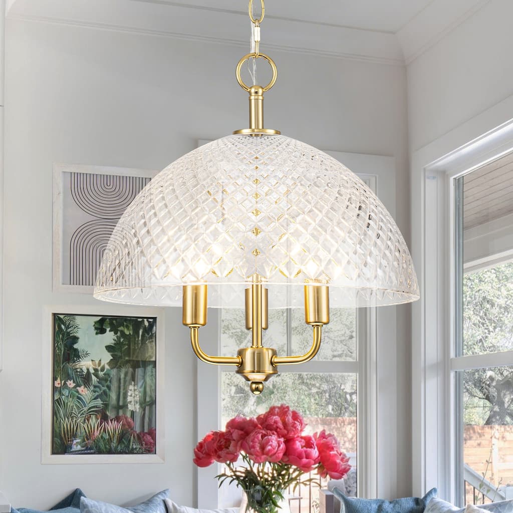 Brushed Gold 3-Light Pendant Light with Half-Dome Grid Shade Dining - Dia.15.75-in