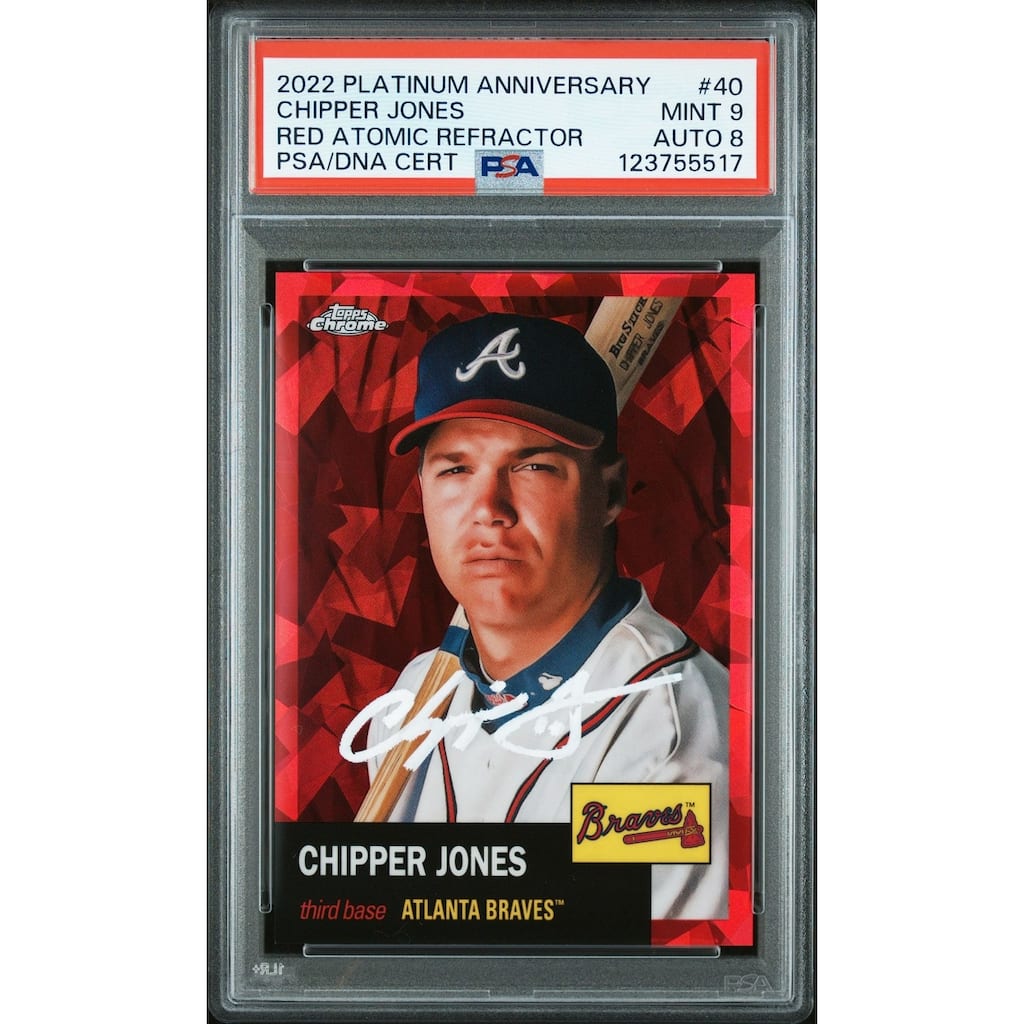 Chipper Jones 2022 Topps Chrome Red Atomic Refractor Signed Baseball Card #40 Graded PSA 9 Auto 8 23/100 Cert # 123755517