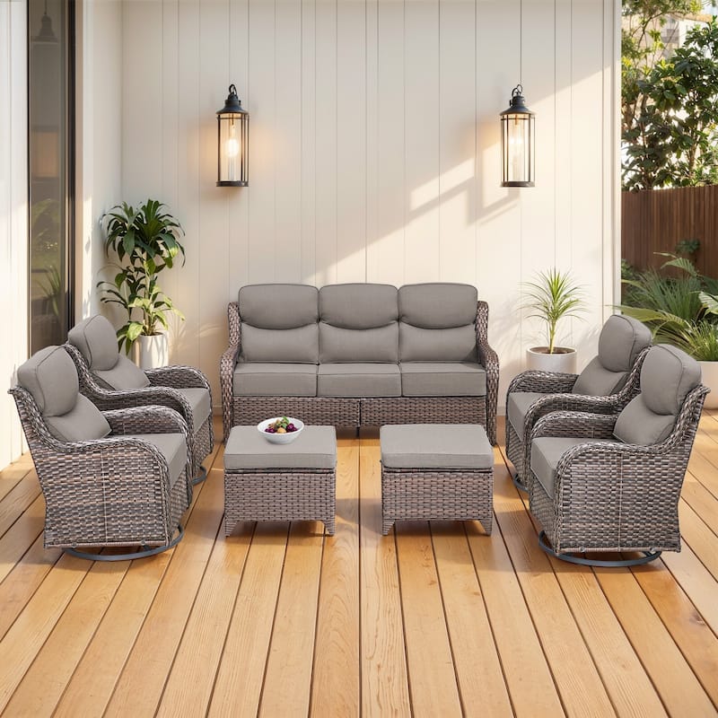 Gymojoy 7-Piece Patio Furniture Set with Swivel Glider Chairs, 6-Inch Ultra-Plush Cushions & Water-Resistant Olefin Fabric - Brown Wicker / Grey Cusion - 7-Piece