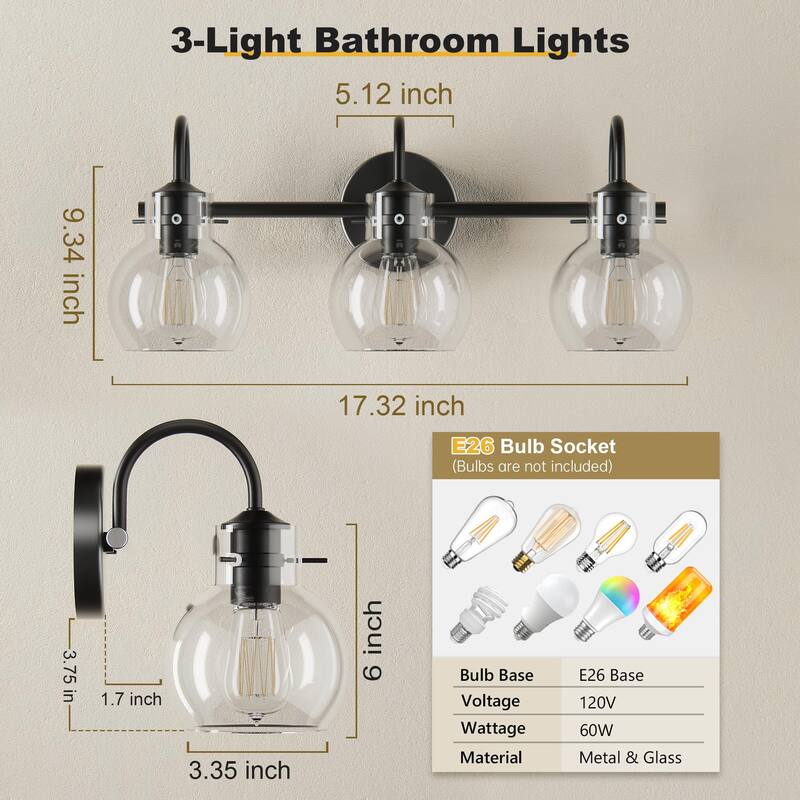 Modern 2/3/4 Bathroom Vanity Lights Clear Globe Glass Shade