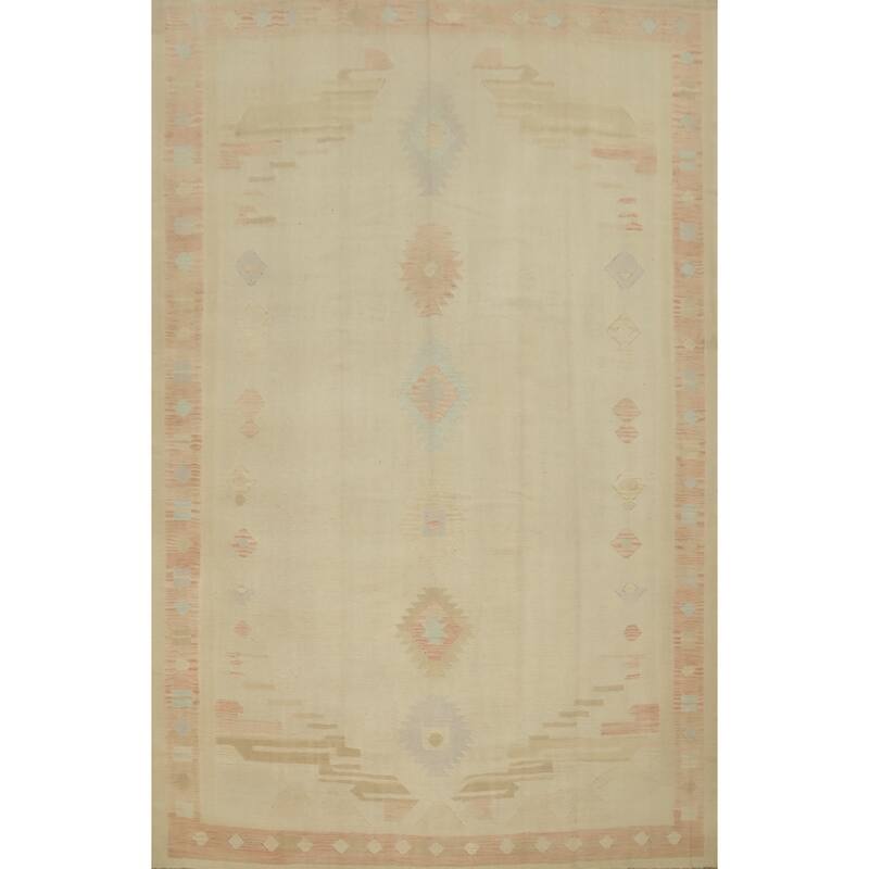 Hand Woven Oriental 100% Wool Carpet Southwestern Tribal Beige & Ivories Kilim Area Rug - 11' 11'' X 9' 0''