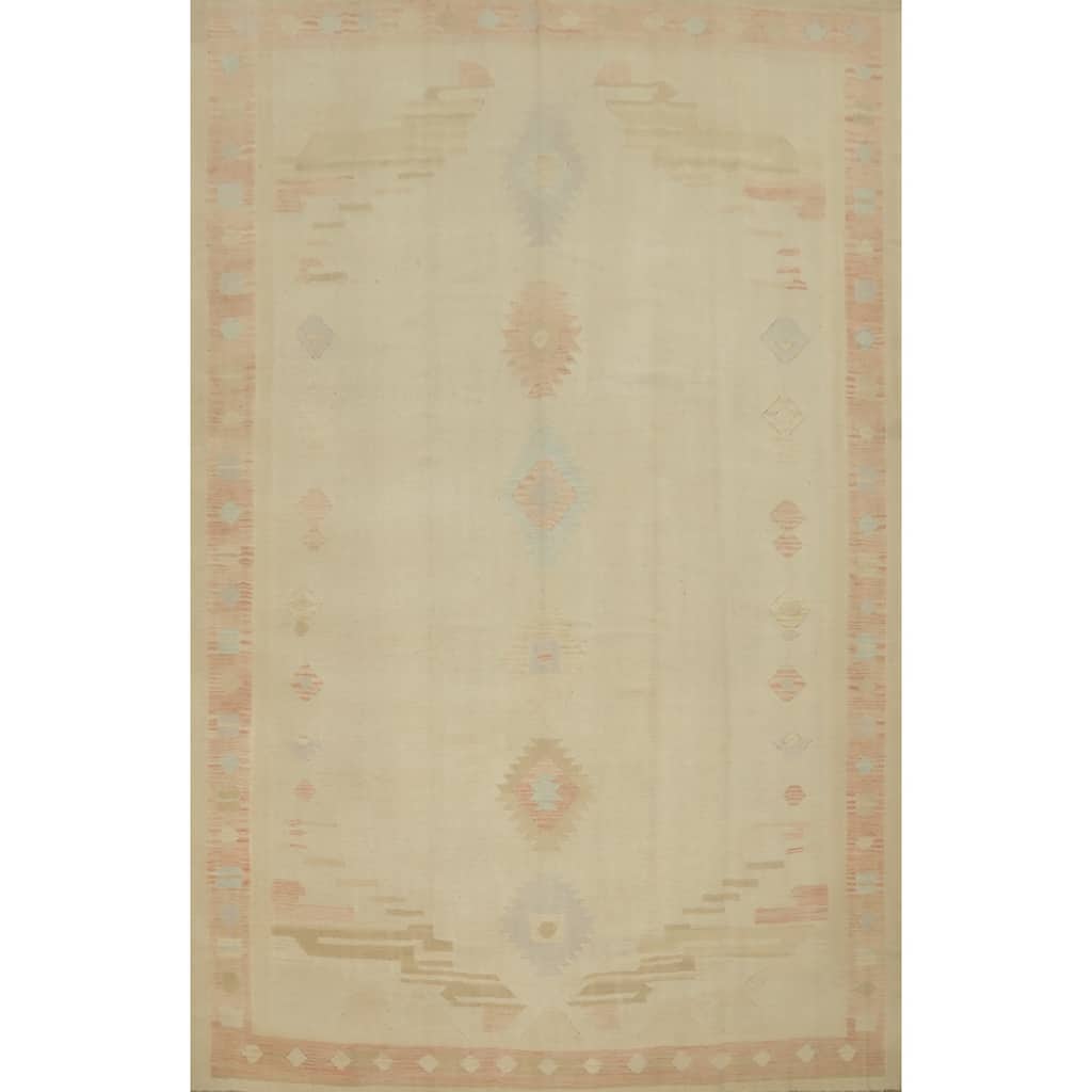 Hand Woven Oriental 100% Wool Carpet Southwestern Tribal Beige & Ivories Kilim Area Rug - 11' 11'' X 9' 0''