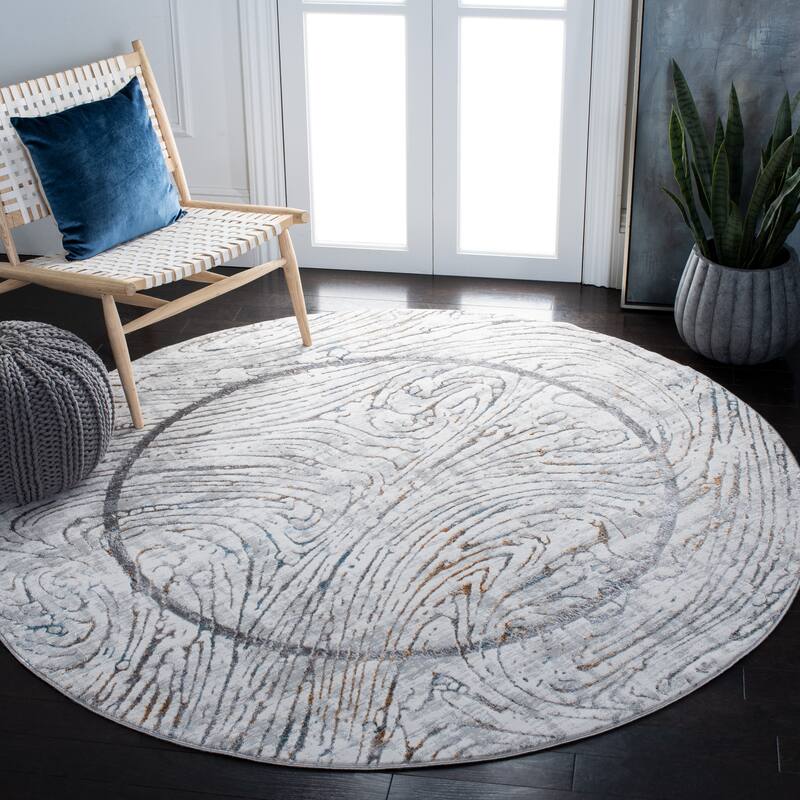 SAFAVIEH Sonoma Delphia Modern Abstract Border Rug - 6'7" Round - Ivory/Grey