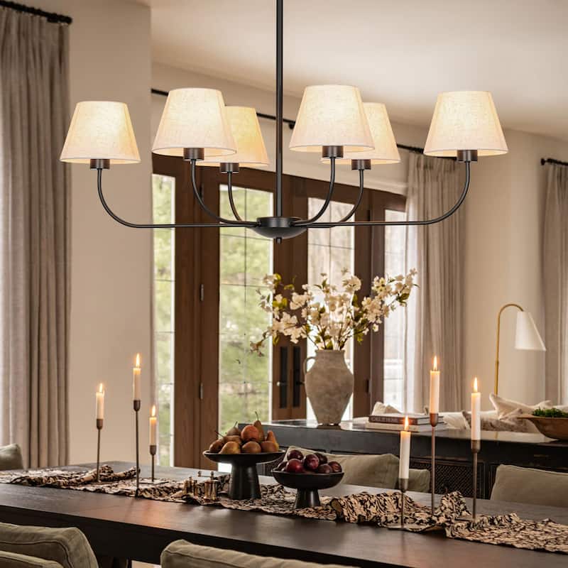 39.37 in. 6-Light Modern Farmhouse Sputnik Black Linear Chandelier with Linen Fabric Shades