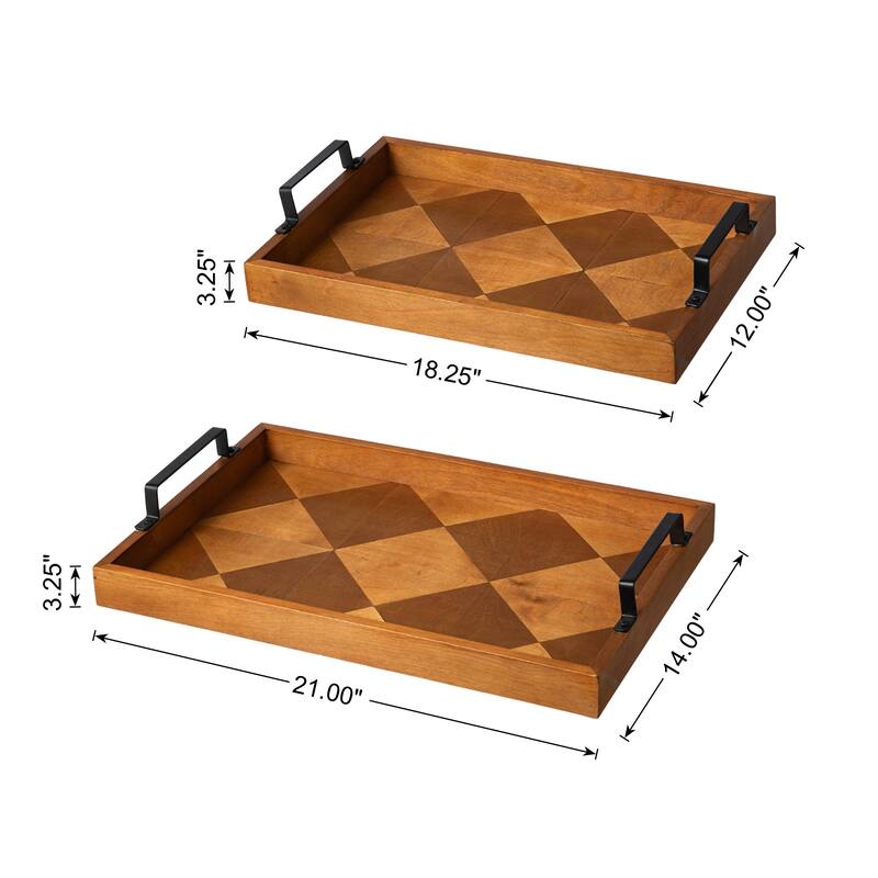 Glitzhome 2-Piece 18"/21"L Rectangle Wooden Geometric Carved Trays with Metal Handles