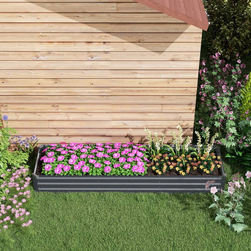 Outsunny 8 x 2 x 1ft Galvanized Raised Garden Bed Kit, Outdoor Metal Elevated Planter Box with Safety Edging, Dark Gray