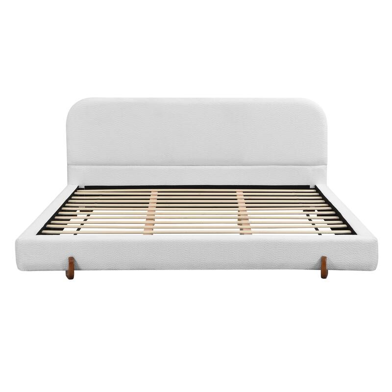 Unique Design, White Fabric and Solid Wood Legs Upholstered Bed Frame,King