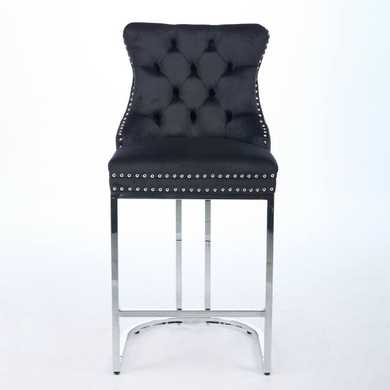 Set of 2 Modern 25 Inch Counter Bar Stools Velvet Upholstered Button Back Chrome Legs - Black