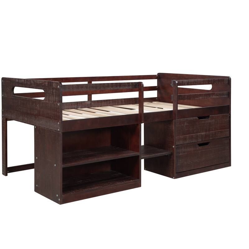 Twin Solid Pine Loft Bed with Shelves, Drawers, and Guardrail