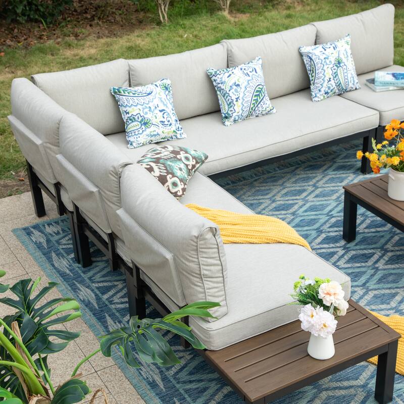 10-Seat Patio Sectional sofa set, E-coating Steel frame Conversation Sets with Built-in Side Table , Grey Cushion
