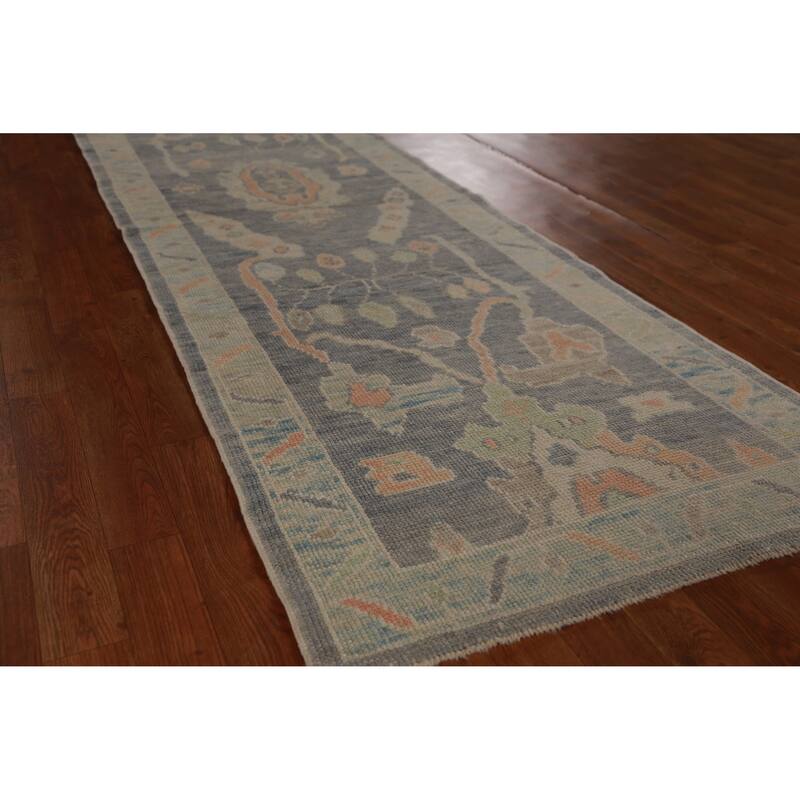Hand Knotted Oriental 100% Wool Carpet Transitional Geometric Navy Blue & Blues Oushak Runner Rug - 9' 6'' X 2' 11''