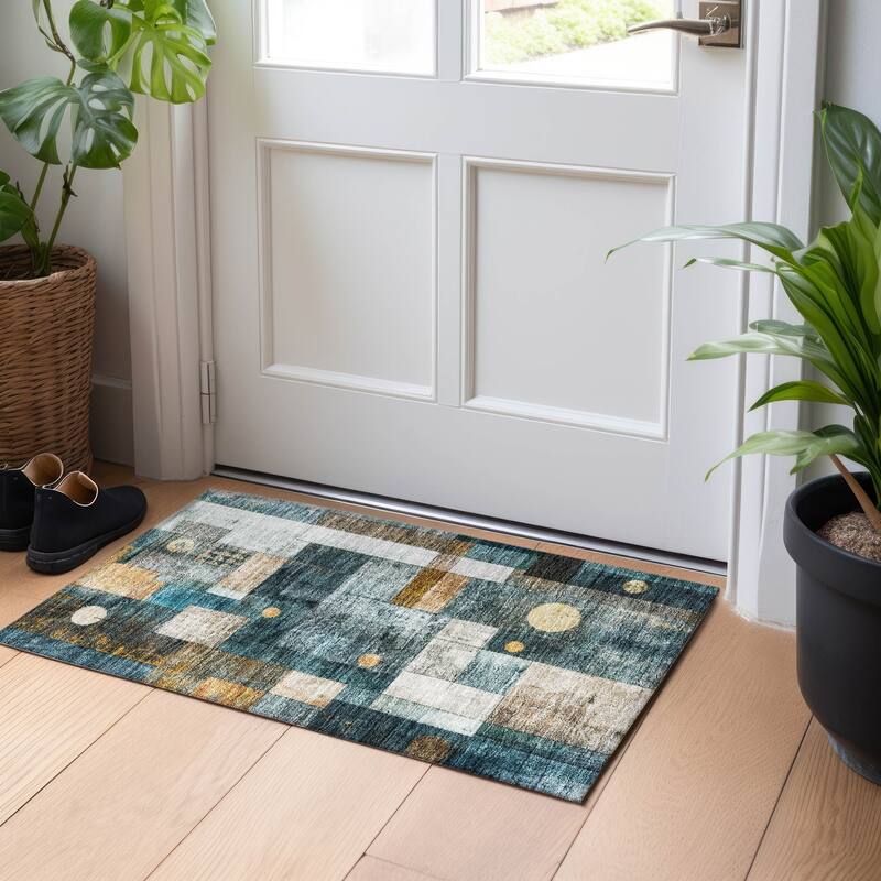Machine Washable Indoor/ Outdoor Modern Deco Chantille Rug - Teal - 1'8" x 2'6"
