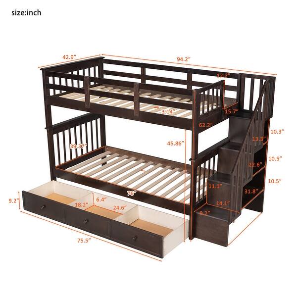 dimension image slide 0 of 3, Multi-Functional Twin Over Twin Bunk Bed with 3 Drawers, Storage Stairs, Armrest and Full-Length Guardrails for Kids